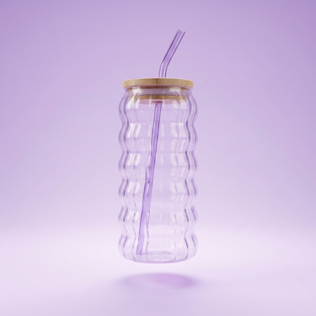 Ribbed Glass Tumbler with Bamboo Lid and Straw - 500ml