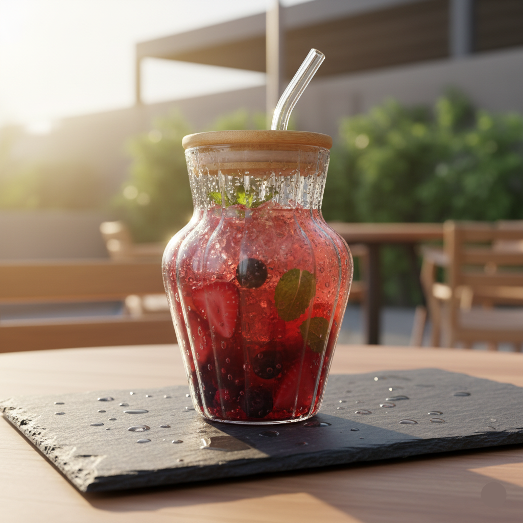 Ribbed Glass Tumbler with Bamboo Lid & Glass Straw – 500ml