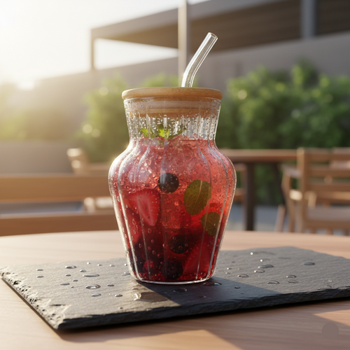 Ribbed Glass Tumbler with Bamboo Lid & Glass Straw – 500ml
