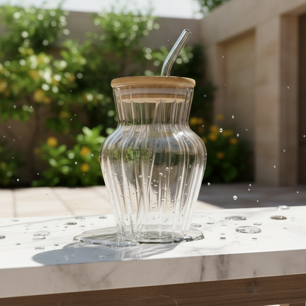 Ribbed Glass Tumbler with Bamboo Lid & Glass Straw – 500ml