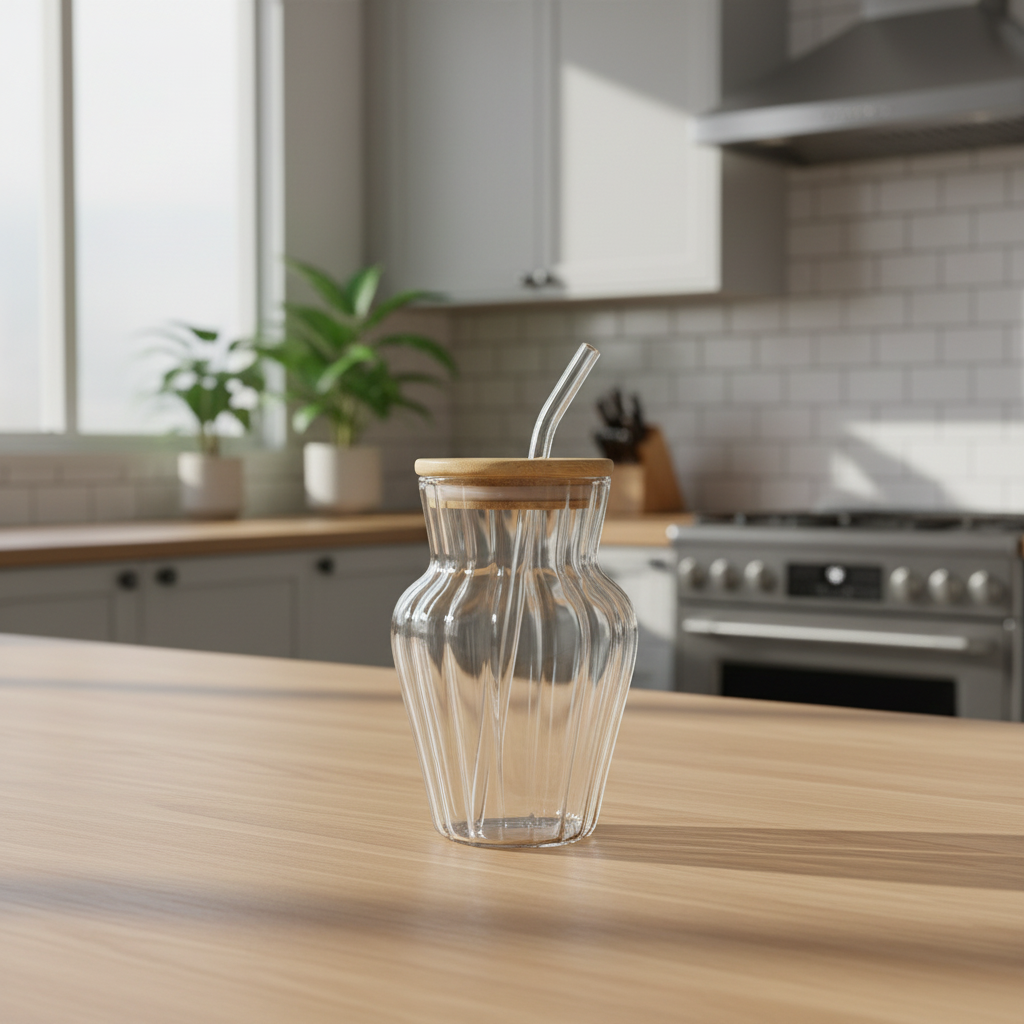 Ribbed Glass Tumbler with Bamboo Lid & Glass Straw – 500ml