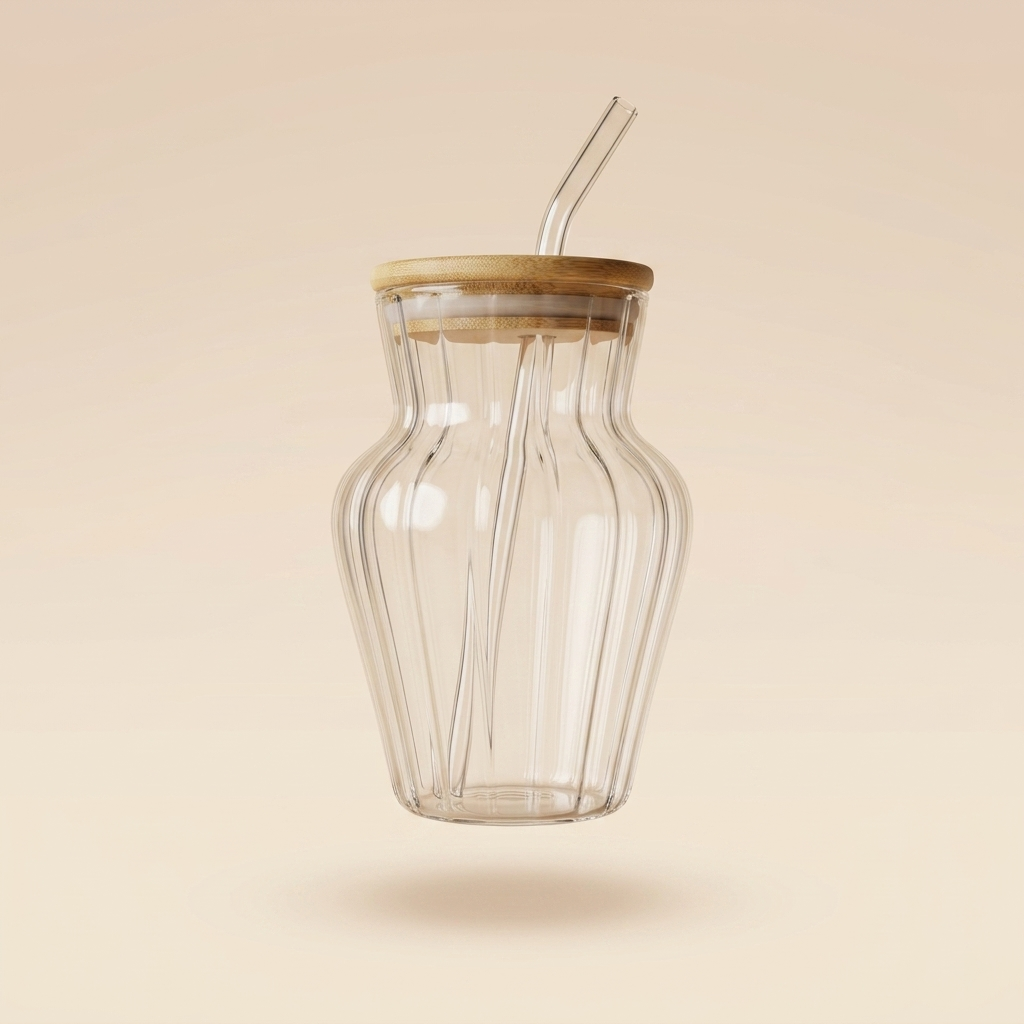 Ribbed Glass Tumbler with Bamboo Lid & Glass Straw – 500ml