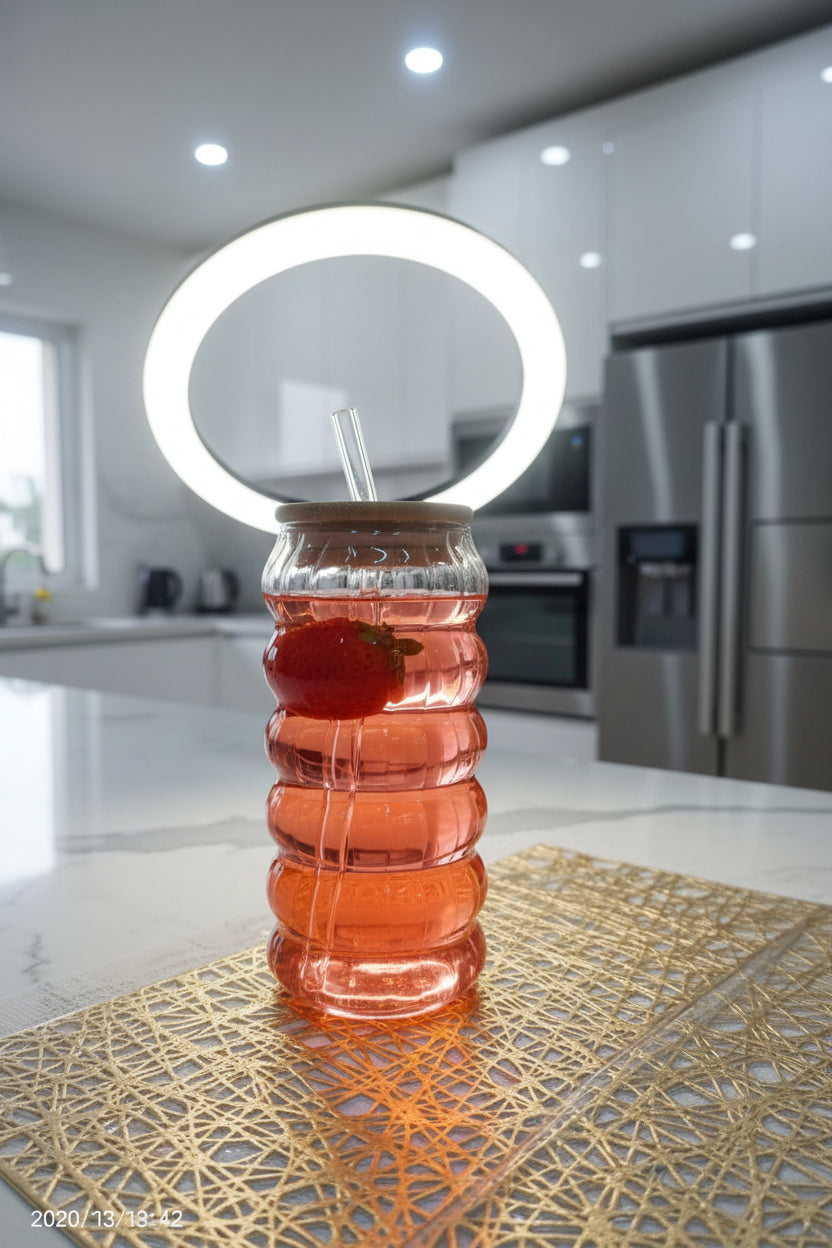 Ribbed Glass Tumbler with Bamboo Lid and Straw - 500ml