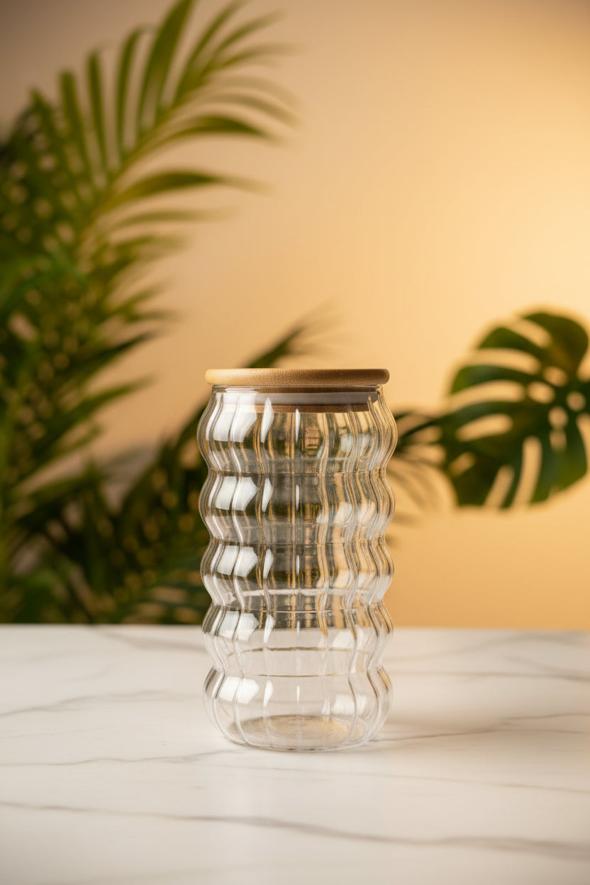 Ribbed Glass Tumbler with Bamboo Lid and Straw - 500ml