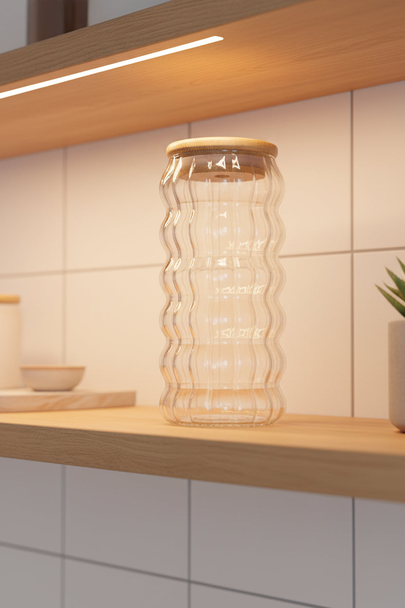 Ribbed Glass Tumbler with Bamboo Lid and Straw - 500ml